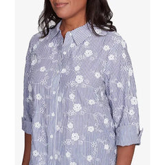 Alfred Dunner Women's Flower Power Striped Breezy Floral Applique Top, Blue