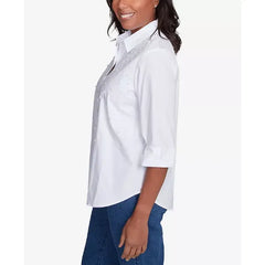 Alfred Dunner Women's Flower Power Studded Button Down Top , White
