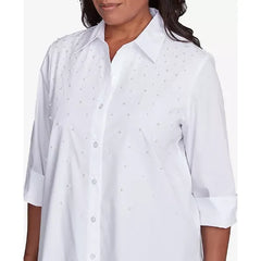 Alfred Dunner Women's Flower Power Studded Button Down Top , White