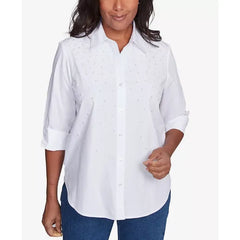 Alfred Dunner Women's Flower Power Studded Button Down Top , White