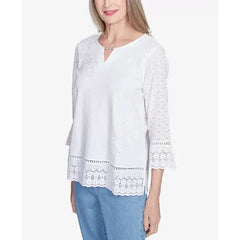 Alfred Dunner Women's Flower Power Floral Embroidered Eyelet Trim Top, White , Size S