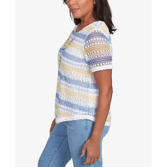 Alfred Dunner Women's Flower Power Textured Biadere Fringe Top with Necklace, Multi Blue, Small