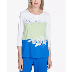 Alfred Dunner Women's Parrot Cay Tropical Colorblock Floral Top, Cobalt Multi