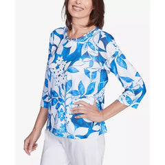 Alfred Dunner Women's Parrot Cay Monotone Cobalt Floral Top, Cobalt Blue