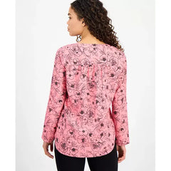 Anne Klein Petite Printed V Neck Roll Tab Sleeve Top, Stylish and Versatile Blouse for Women