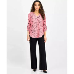 Anne Klein Petite Printed V Neck Roll Tab Sleeve Top, Stylish and Versatile Blouse for Women