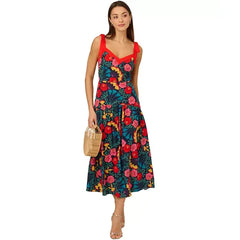 Adrianna Papell Womens Floral Print Bow Strap Midi Dress Elegant Stylish for Special Occasions, Navy Multi