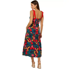 Adrianna Papell Womens Floral Print Bow Strap Midi Dress Elegant Stylish for Special Occasions, Navy Multi
