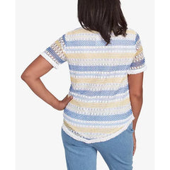 Alfred Dunner Petite Flower Power Textured Biadere Fringe Top with Necklace, Multi Blue