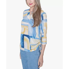 Alfred Dunner Petite Flower Power Watercolor Patchwork Geometric Top, Multi Blue