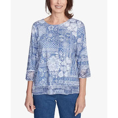 Alfred Dunner Petite Flower Power Lacey Floral Patchwork Crew Neck Top, Blue