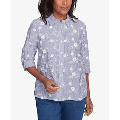 Alfred Dunner Petite Flower Power Striped Breezy Floral Applique Top, Size PS