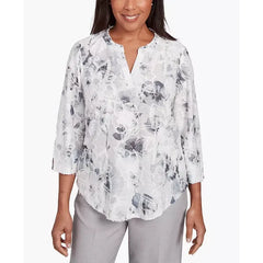 Alfred Dunner Petite Estate of Mind Monotone Floral Jacquard Top, Dove Grey, Size PS