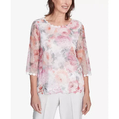 Alfred Dunner Petite Estate of Mind Floral Mesh Watercolor Top, Multi Pink