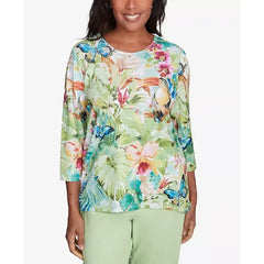 Alfred Dunner Petite Parrot Cay Tropical Toucan Crew Neck Top, Multi Green