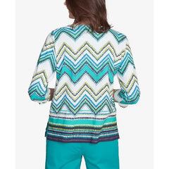 Alfred Dunner Petite Nantucket Pleated Neckline Chevron Top, Jade Multi