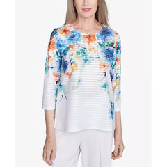 Alfred Dunner Petite Nantucket Textured Floral Neckline Top, Marine Multi