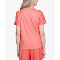 Alfred Dunner Petite Catalina Island Lace Trimmed Textured Top, Tangerine