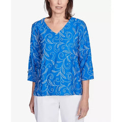 Alfred Dunner Petite Parrot Cay Scroll Embroidered Cuff Sleeve Top, Cobalt Blue