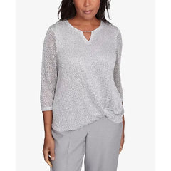 Alfred Dunner Petite Estate of Mind Sequin Beaded Split Neck Top, Dove Grey