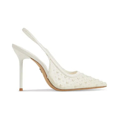 ALDO Womens Pearlescent Pointed Toe Slingback Pumps, Elegant Shiny Heels, White Mesh