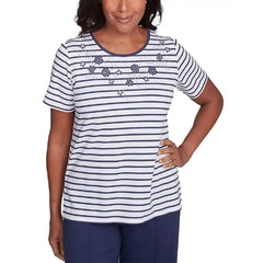 Alfred Dunner Petite Beaded-Floral Striped Crewneck Top, Marnwht