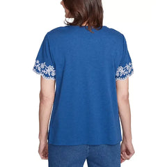 Alfred Dunner Petite Embroidered Scalloped-Trim Necklace Top, Heanavy