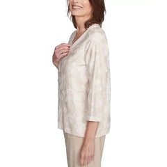 Alfred Dunner Petite Floral-Embroidered 3/4-Sleeve Top, Linen