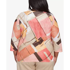 Alfred Dunner Plus Size Catalina Island Colorful Patchwork Crew Neck Top, Tangerine Multi