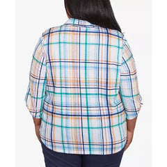 Alfred Dunner Plus Size Nantucket Plaid Knit Button Front Collared Top, Marine Multi