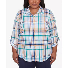 Alfred Dunner Plus Size Nantucket Plaid Knit Button Front Collared Top, Marine Multi