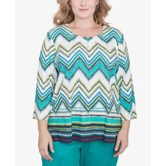 Alfred Dunner Plus Size Nantucket Pleated Chevron Crew Neck Top, Jade Multi