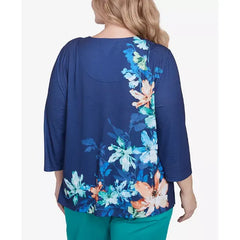 Alfred Dunner Plus Size Nantucket Asymmetric Floral Beaded Split Neck Top, Marine Blue
