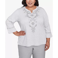 Alfred Dunner Plus Size Estate of Mind Embroidered Scroll Bell Sleeve Top, Dove Gray