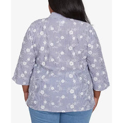 Alfred Dunner Plus Size Flower Power Striped Breezy Floral Applique Collared Top, Blue