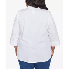 Alfred Dunner Plus Size Flower Power Studded Button Down Collared Top, White