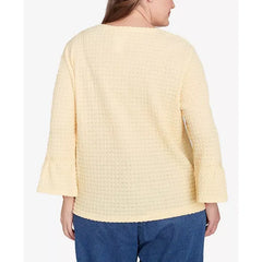 Alfred Dunner Plus Size Flower Power Tie Front Textured Crew Neck T-Shirt with Necklace, Buttercup