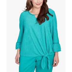 Alfred Dunner Plus Size Nantucket Solid Tie Front Bell Sleeve Top, Jade