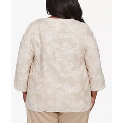 Alfred Dunner Plus Size Catalina Island Tossed Floral Embroidery V-Neck Top, Linen