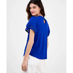 Anne Klein Womens Harmony Keyhole Neck Flutter Sleeve Top, Elegant Lightweight Blouse for Work or Casual