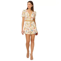 Adrianna Papell Womens Puff Sleeve Belted Romper, Stylish Casual or Party Outfit, Ivory Multi