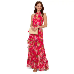 Adrianna Papell Petite Printed Chiffon Ruffle Dress, Elegant Style for Special Occasions,Pink Multi