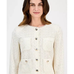 Anne Klein Womens Cotton Eyelet Button, Front Jacket Lightweight Stylish, White Dove