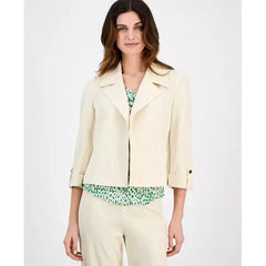 Anne Klein Womens Notched Collar Drapey Cropped Jacket, Modern Layering Piece, Lt Parchment
