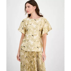 Anne Klein Womens Printed Boat Neck Flutter Sleeve Top, Elegant Lightweight Casual Wear, Safari Multi