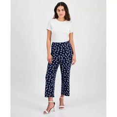 Anne Klein Petite Dot Print Pull On Mid Rise Pants, Trendy Comfortable Womens Bottoms, Distant Mountain/Bright White