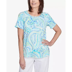 Alfred Dunner Womens Paisley Pleated Crew Neck Top, Stylish Comfortable Blouse