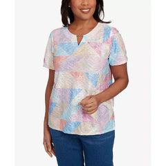 Alfred Dunner Women's Keyhole Geometric Patchwork Top, Pastel
