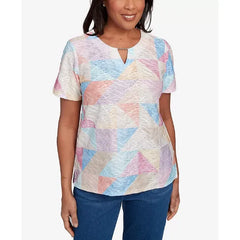 Alfred Dunner Women's Keyhole Geometric Patchwork Top, Pastel