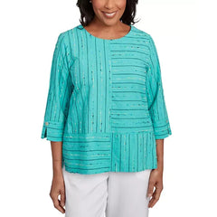 Alfred Dunner Petite Nantucket Spliced 3/4-Sleeve Top, Jade